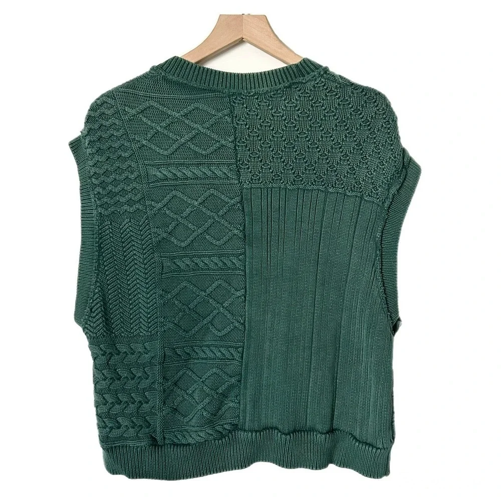 Free People Women Green Patchwork Cable Knit Cotton Sweater Vest Small OB66170